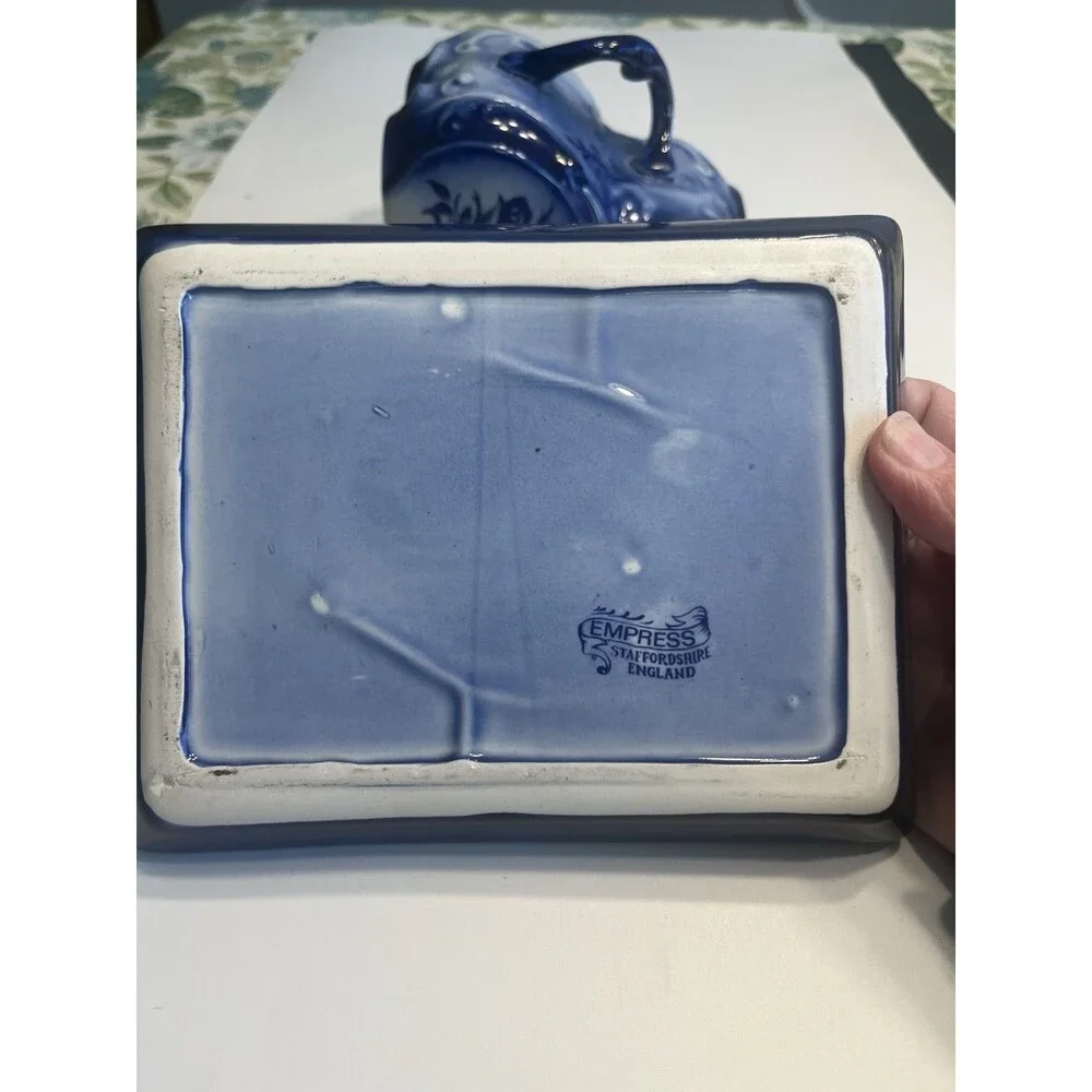 Vintage Empress Staffordshire England Blue Floral Cheese Dish Lid